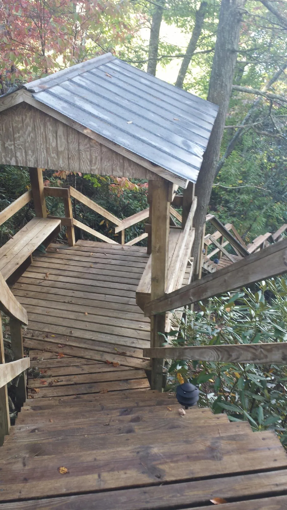 Metal roofed shelter over wooden steps on a wooded walkway — Skylight Repair & Installation work by our crew in Andalusia